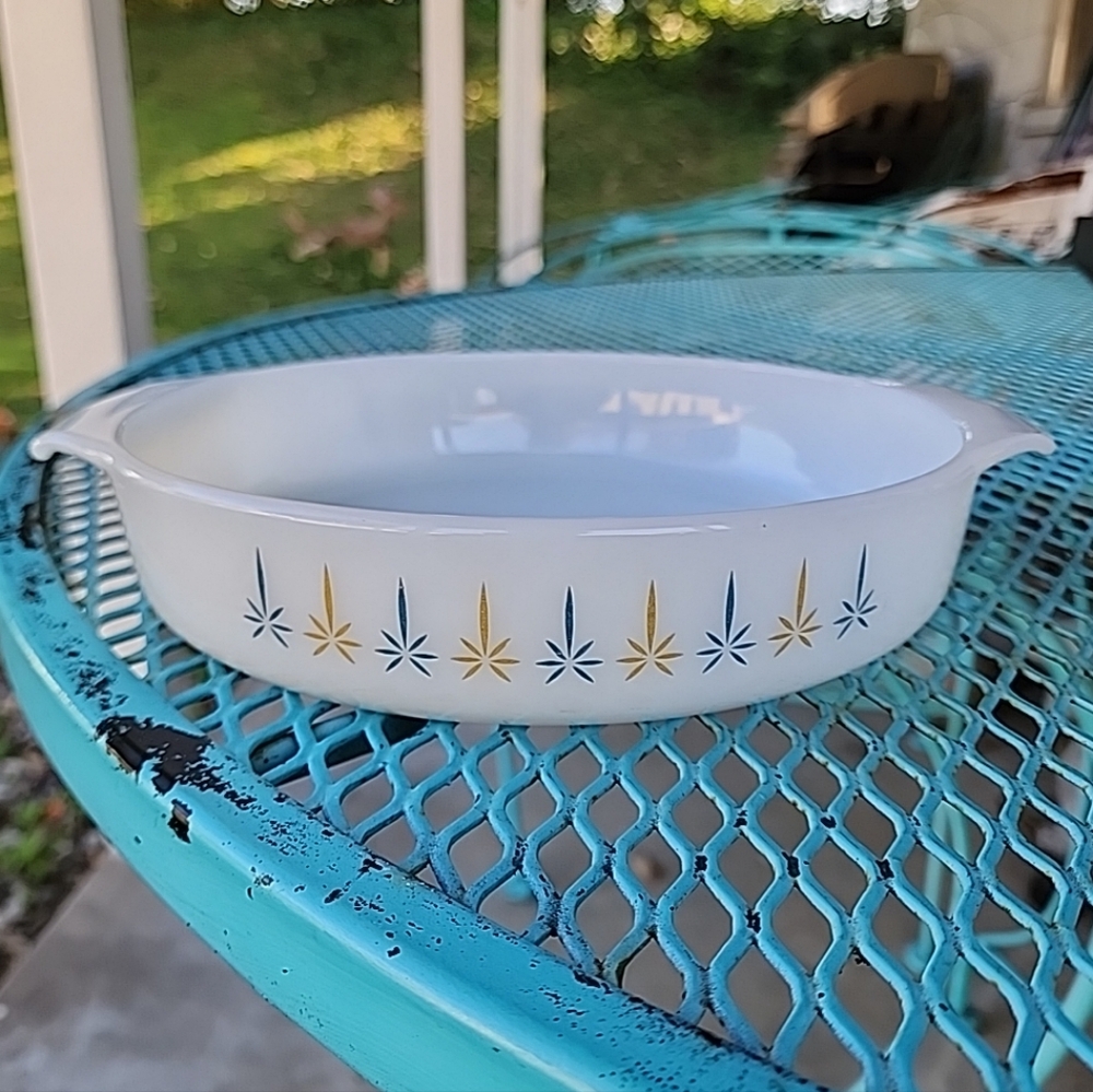 Fire King Atomic Candle Glow Round Handled Baking Deep 9" Pie Dish #429 MCM
